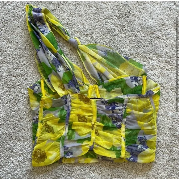 Zara Mesh Crop Floral Knot-Shoulder Corset Top in Yellow & Green top - Picture 2 of 3